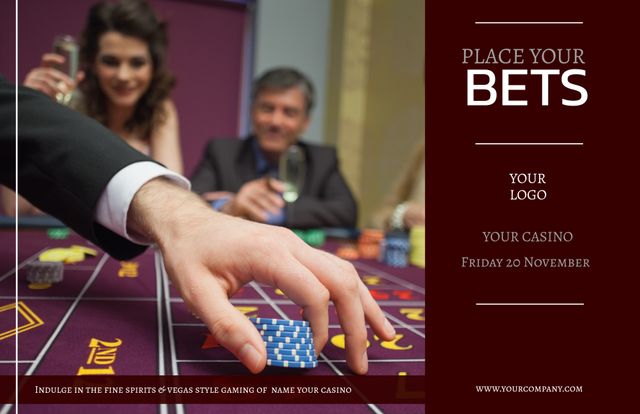 Image displays hand placing chips on a casino table, capturing the excitement and thrill of betting. Ideal for promoting casino events, advertising gambling establishments, and marketing nightlife activities. Useful for materials related to formal gambling events and upscale casino experiences.