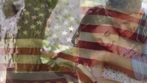 Couple Bonding Over a Book in Natural Setting with USA Flag Overlay
