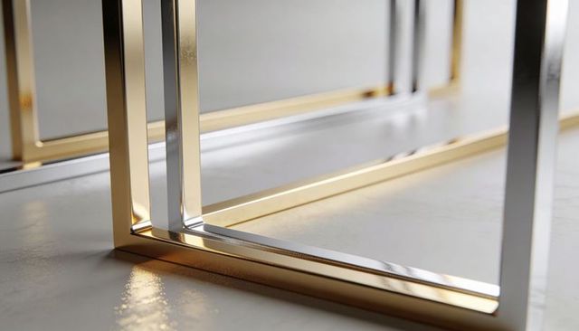 Gold chrome geometric frame corner showing polished reflective joint