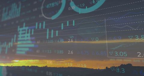 Financial data visual overlay at sunset landscape