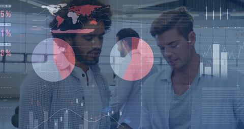 Business team analyzing financial data with global overlay