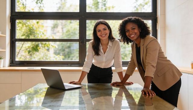 Two women leaning over glass table presenting laptop in bright modern office collaborating