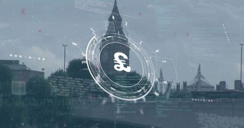 Digital currency data flow over modern cityscape