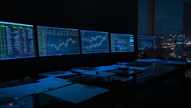 Modern trading desk with stock charts on multiple monitors