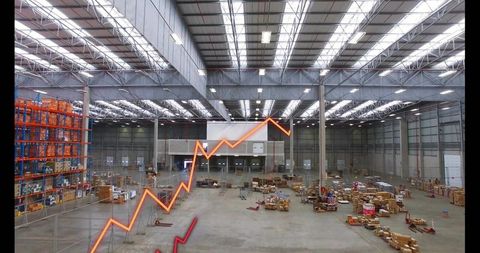 Industrial Warehouse Showing Pallet Racking, Boxes, Red Jacks and Rising Trend Line