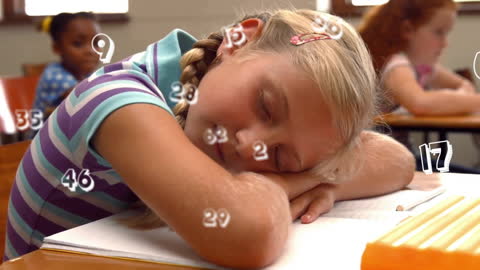 Schoolgirl Sleeping at Desk with Floating Numbers