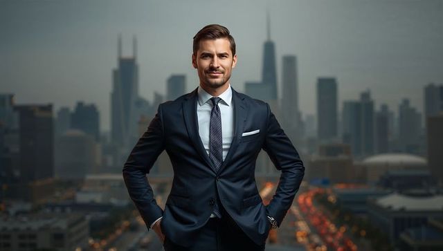 Confident Executive Standing on Rooftop Over Urban Skyline at Dusk Wearing Navy Suit