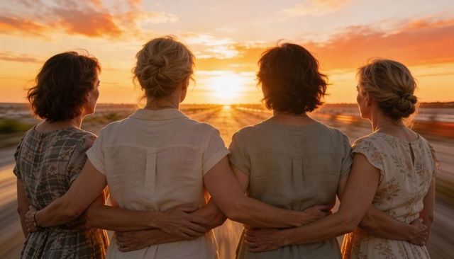 Four women linking arms watching sunset on open road in pastel summer dresses