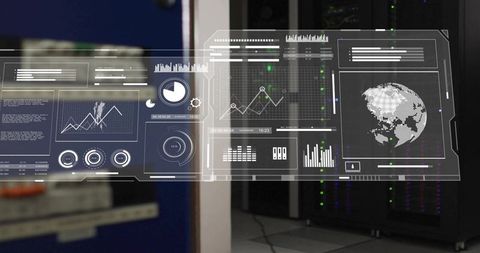 Holographic Data Dashboard Projecting Over Server Rack in Futuristic Data Center View