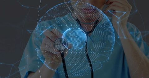 Doctor Using Stethoscope on Holographic Globe Representing Digital Healthcare Network