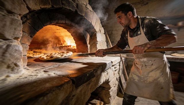 Artisan baker placing flatbreads into wood-fired stone oven, rustic hearth bakery scene