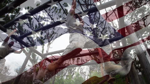 US Soldiers on Obstacle Course with American Flag Overlay