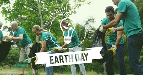 Community Volunteers Cleaning Park for Earth Day Collecting Litter Promoting Sustainability