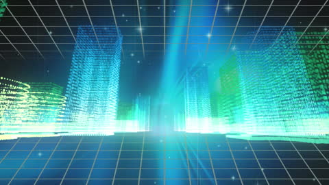 Futuristic 3D Cityscape Over Digital Metaverse Grid