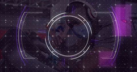 Central hud reticle projecting over purple lounge, seated man wearing hoodie and headset