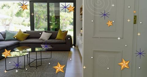Modern living room with gray sectional, glass coffee tables, mustard pillows and star overlays