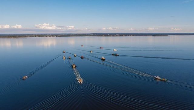 Aerial gliding motorboat flotilla leaving v-shaped wakes across calm blue bay