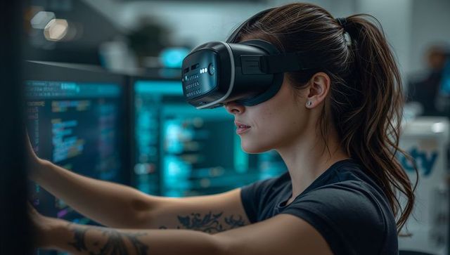 Woman developer innovating with vr headset in futuristic tech workspace
