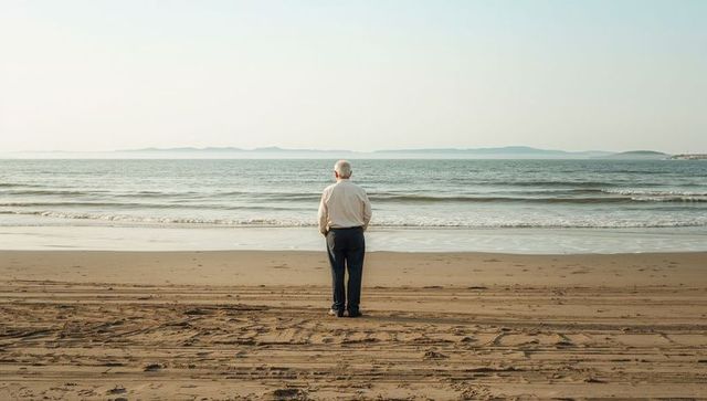 Senior man standing alone on quiet beach facing calm sea at sunrise for reflection