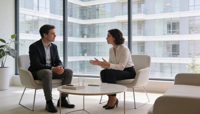 Two professionals having serious discussion in modern corporate lounge with city view