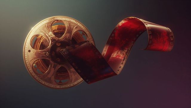 Vintage film reel and curling film strip on gradient background