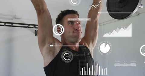 Athlete performing overhead barbell press with HUD fitness analytics overlay in gym
