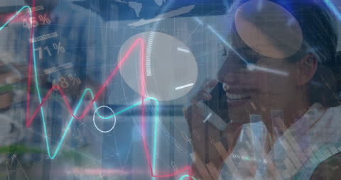 Businesswoman with Data Visualization and Smartphone Interaction