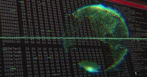 Rendering rgb point-cloud globe over hex dump and terminal code for cyber data visualization
