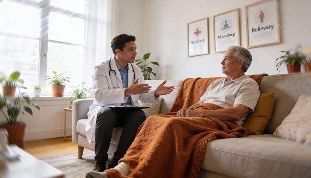 Doctor consulting senior patient on sofa with stethoscope and cozy rust blanket