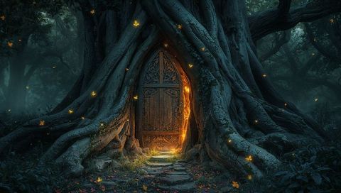 Enchanted Forest Door Glowing at Dusk Amidst Twisting Roots