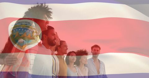 Group of friends with costa rican flag blending, symbolizing unity