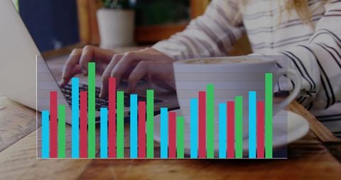 Typing woman working on laptop with bar chart overlay and coffee cup for remote analytics