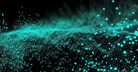 Teal Particle Wave Dynamic Motion on Black Background