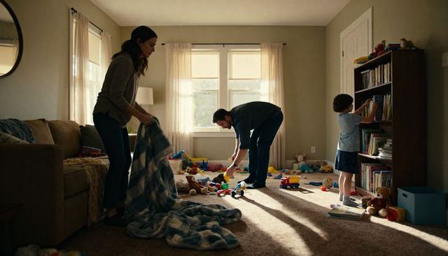 Sunlit family tidying living room picking up toys together