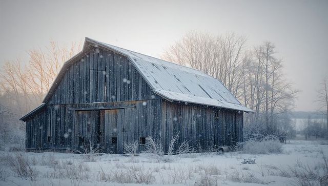 Weathered gambrel barn standing in snowy field at dawn with frosted trees and metal roof