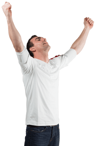 Ecstatic man celebrating in white jersey on transparent background