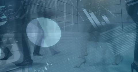 Blurred Businesspeople Walking with Financial Graphs Overlay