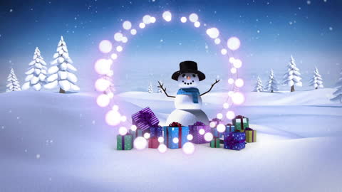 Festive Snowman Surrounded by Glowing Gifts in Winter Wonderland