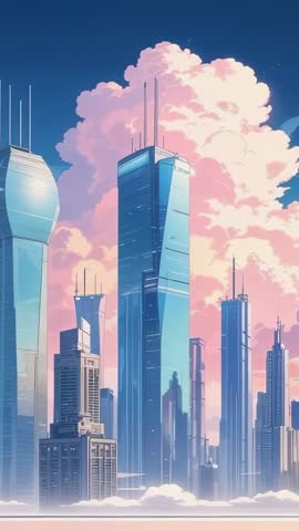 Cinematic vertical pan revealing futuristic skyscraper skyline at dusk with pink clouds