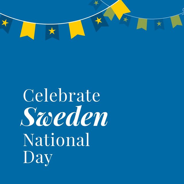 Perfect for promoting Sweden's National Day events, social media posts, and festive invitations. This banner features colorful Swedish flags on a blue background with celebratory text, making it ideal for expressing national pride and event advertising.