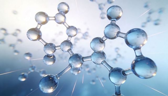 Glassy Blue Molecular Model with Translucent Atoms, Bonds and Droplets on Cool Gradient