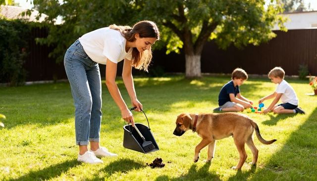 Caregiver picking up dog waste in sunny backyard while children playing nearby