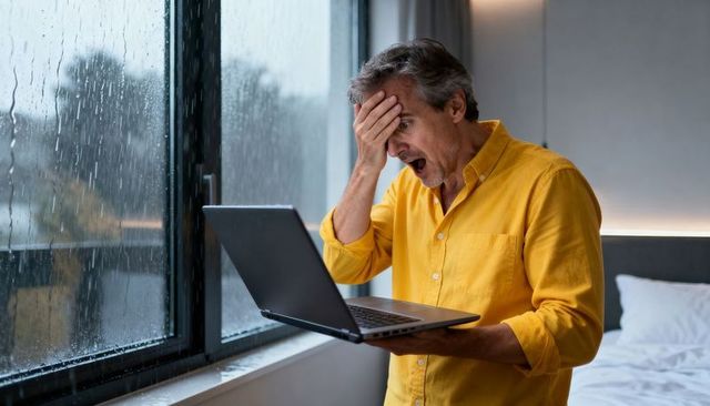 Man holding laptop and reacting with shock at rainy bedroom window