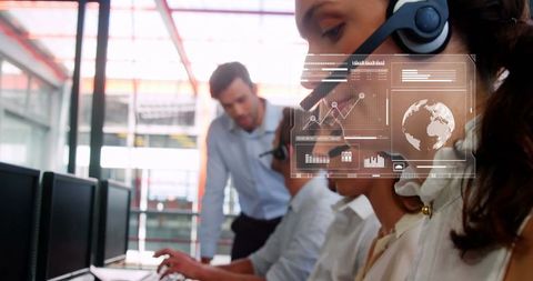 Female customer support agent with virtual data interface