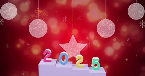 Colorful 2025 Numbers with Festive Red Christmas Background