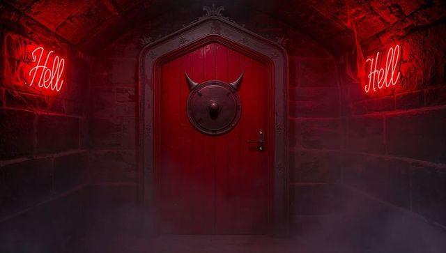 Red arched door with devil horns and neon hell signs in dark corridor