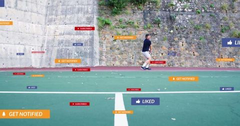 Athletic Man on Outdoor Court with Digital Notification Overlays