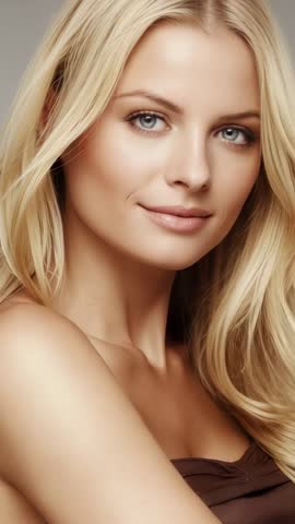 Blonde model posing for vertical beauty headshot video, confident gaze, soft lighting