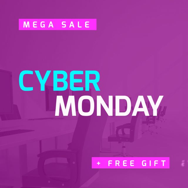Square picture of cyber monday mega sale free gift text over computers. Cyber monday campaign.