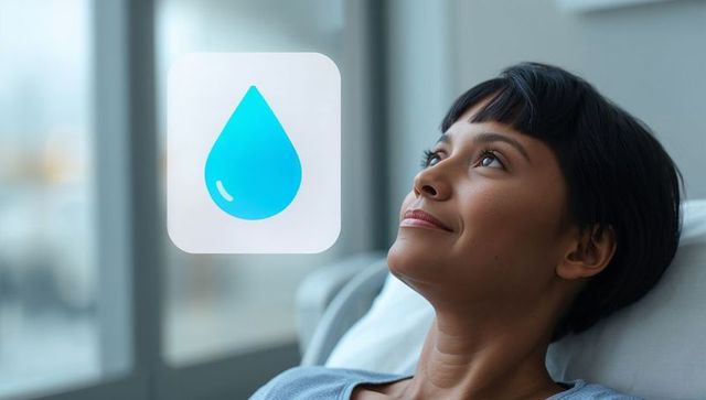 Reclining woman gazing upward with water droplet icon for wellness, hydration, mindfulness
